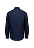 A navy blue men's slim fit long sleeve shirt with a collared neck and buttoned cuffs, featuring branding on the back.