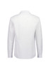 A white long sleeve men's slim fit shirt with a collar and buttoned cuffs, featuring a logo on the back.