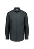 A slim fit long sleeve shirt in dark grey with a collar and button-up front, featuring a logo on the chest.