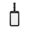 A sleek black luggage tag tracker with a transparent window for personal information and a sturdy attachment strap.