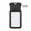 A black luggage tag tracker with a clear window for details and a charging indicator feature.