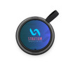 A round black speaker featuring a blue and pink design with a logo in the centre.