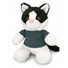 A plush black and white cat toy wearing a dark grey shirt, featuring large green eyes and a pink nose.