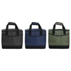 Three insulated cooler bags in black, navy blue, and olive green, featuring sturdy handles and an external pocket.