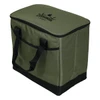 A green cooler bag with a black base and handles, featuring a logo on the top.
