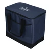 A navy blue cooler bag with a sturdy design, featuring a logo on the top and black handles.