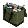 A large green cooler bag filled with ice and various beverages, including cans and bottles. It features sturdy black handles.
