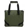 A green cooler bag with black straps and a zip closure, featuring a logo on the front.