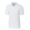 A white men's polo shirt with a collared neck and short sleeves, featuring a logo on the chest.