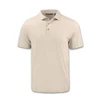 A beige men's polo shirt featuring a collared neckline and three buttons. The shirt has a logo on it.