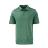 A green polo shirt with a collar, featuring three buttons and short sleeves. It has a logo on it.