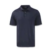 A navy blue men's polo shirt with a collar and three buttons, featuring a logo on the chest.