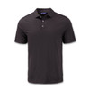 A black polo shirt featuring a three-button placket and a collar. It has a logo on the chest.
