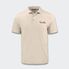A light beige men's polo shirt with a collar and a logo on the chest.