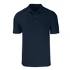 A navy blue men's polo shirt with a collar and three-button placket, featuring a logo on the chest.