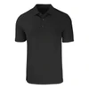 A black men's polo shirt with a collar and three buttons, featuring a logo on the chest.