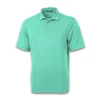 A mint green men's polo shirt featuring a collar and short sleeves, with a branded logo.