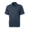 A navy blue short-sleeved polo shirt with a collar and a logo.