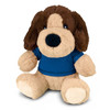 A plush dog toy with brown fur and a blue shirt, sitting upright with a friendly expression.