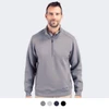A half zip jacket in grey with a collar and long sleeves, featuring a logo on the chest.