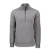A grey men's half zip jacket with a ribbed collar and cuffs, featuring a logo on the hem.