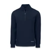 A navy men's half zip jacket featuring a pullover design and a small logo on the front.