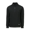 A black Cutter & Buck Roam men's half zip jacket with long sleeves and a zipper neck. Features a logo on the bottom.