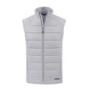 A grey, sleeveless hybrid vest with a front zipper and a logo on the hem.