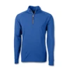 A blue men's half-zip pullover with long sleeves. The top features a zipper at the neck and has a logo.