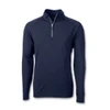 A navy half-zip pullover with long sleeves, featuring a zippered neck and a logo.