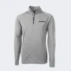 A light grey half-zip men's pullover featuring long sleeves and a logo on the chest.