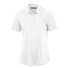 A white women's polo shirt with a collar and button placket, featuring a logo on the design.