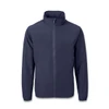 A navy full zip jacket with a high collar and long sleeves, featuring a logo on the front.