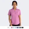 A women's polo in a vibrant pink hue, featuring a collar and button placket, with a logo present.
