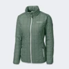 A green quilted women's jacket featuring a stand-up collar and a zipped front, with branding on the chest.