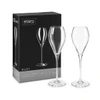 A set of two clear glass champagne flutes with elegant stems, packaged in a branded box.