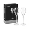 A set of two elegant clear glass champagne flutes, packaged in a black box with branding. Each glass holds 230ML.