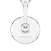 A clear glass flute with a slender stem and a round base, featuring a logo on the base.