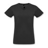 A black women's V-neck T-shirt featuring a branding label. The shirt has short sleeves and a fitted style.