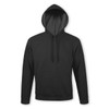 A black hooded sweatshirt featuring a front pocket and drawstring hood, with a logo on it.