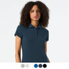 A women's polo shirt in navy blue, featuring a collar and buttons, with a branding logo on the front.
