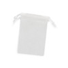 A small white drawstring gift bag with a textured pattern and two drawstrings at the top.