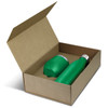 A green vacuum drink bottle and matching cup inside a brown gift box. The set includes a logo branding on the items.