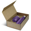 A purple vacuum drink bottle and a purple vacuum mug, housed in a brown cardboard gift box.