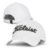 A white cap featuring a large embroidered logo and an adjustable strap at the back.