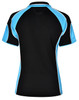 A black polo shirt with light blue accents and a branding logo on the back.