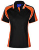 A black ladies' polo shirt with orange and white accents and a branded logo on the chest.