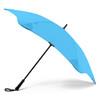 A blue umbrella with a black handle, featuring a sleek design and a branding logo on the fabric.