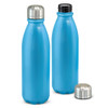 A drink bottle in bright blue with a stainless steel cap, featuring a smooth, slim design. It has a logo on its body.