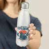 A drink bottle with a sleek white design, a silver lid, and a nature-themed logo featuring mountains and trees.
